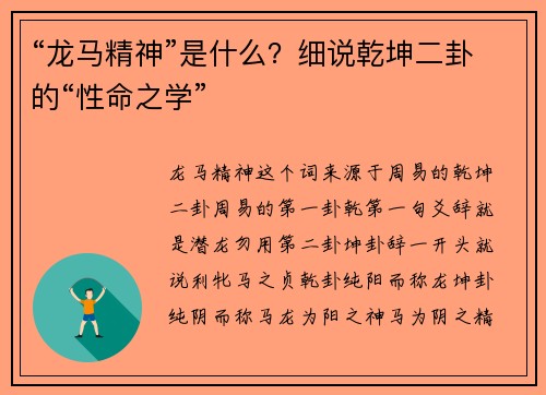 “龙马精神”是什么？细说乾坤二卦的“性命之学”