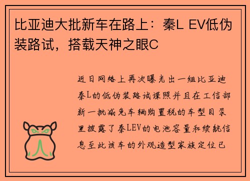 比亚迪大批新车在路上：秦L EV低伪装路试，搭载天神之眼C