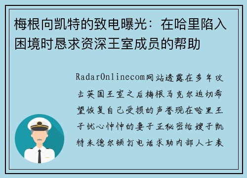 梅根向凯特的致电曝光：在哈里陷入困境时恳求资深王室成员的帮助