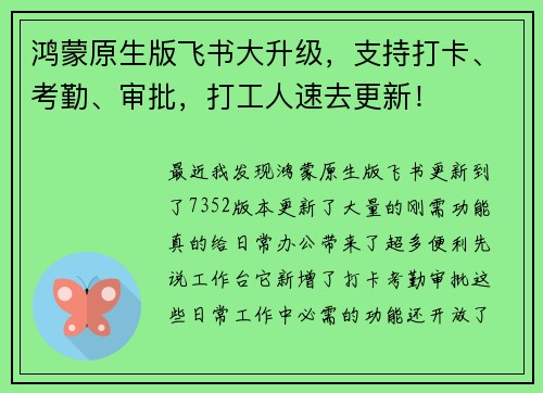 鸿蒙原生版飞书大升级，支持打卡、考勤、审批，打工人速去更新！
