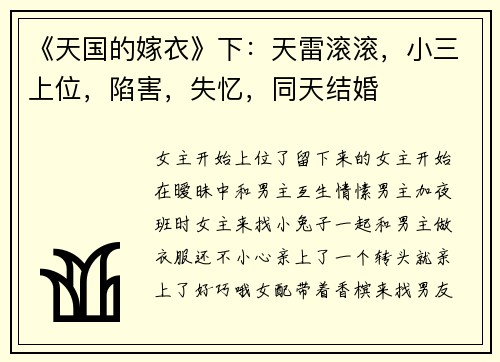 《天国的嫁衣》下：天雷滚滚，小三上位，陷害，失忆，同天结婚