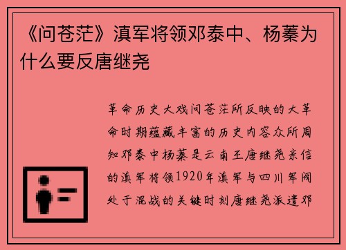 《问苍茫》滇军将领邓泰中、杨蓁为什么要反唐继尧