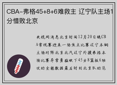CBA-弗格45+8+6难救主 辽宁队主场1分惜败北京