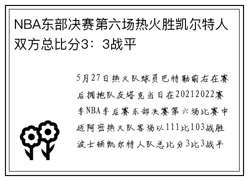 NBA东部决赛第六场热火胜凯尔特人 双方总比分3：3战平