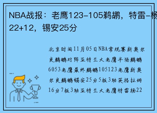 NBA战报：老鹰123-105鹈鹕，特雷-杨22+12，锡安25分
