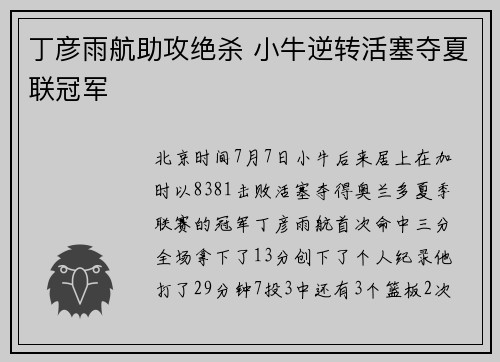 丁彦雨航助攻绝杀 小牛逆转活塞夺夏联冠军