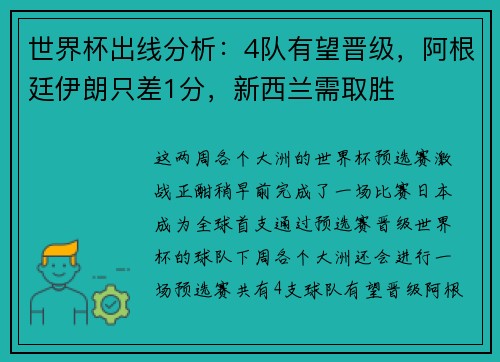 世界杯出线分析：4队有望晋级，阿根廷伊朗只差1分，新西兰需取胜