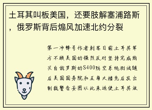 土耳其叫板美国，还要肢解塞浦路斯，俄罗斯背后煽风加速北约分裂