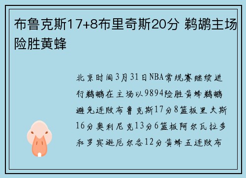 布鲁克斯17+8布里奇斯20分 鹈鹕主场险胜黄蜂