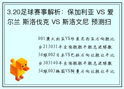 3.20足球赛事解析：保加利亚 VS 爱尔兰 斯洛伐克 VS 斯洛文尼 预测扫盘