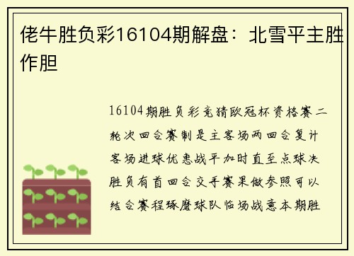 佬牛胜负彩16104期解盘：北雪平主胜作胆
